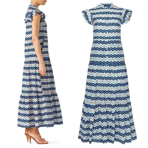 PALOMA BLUE Silk Cotton Flutter Sleeve Button‎ Front Tiered Ruffle Maxi Dress L - Picture 2 of 7